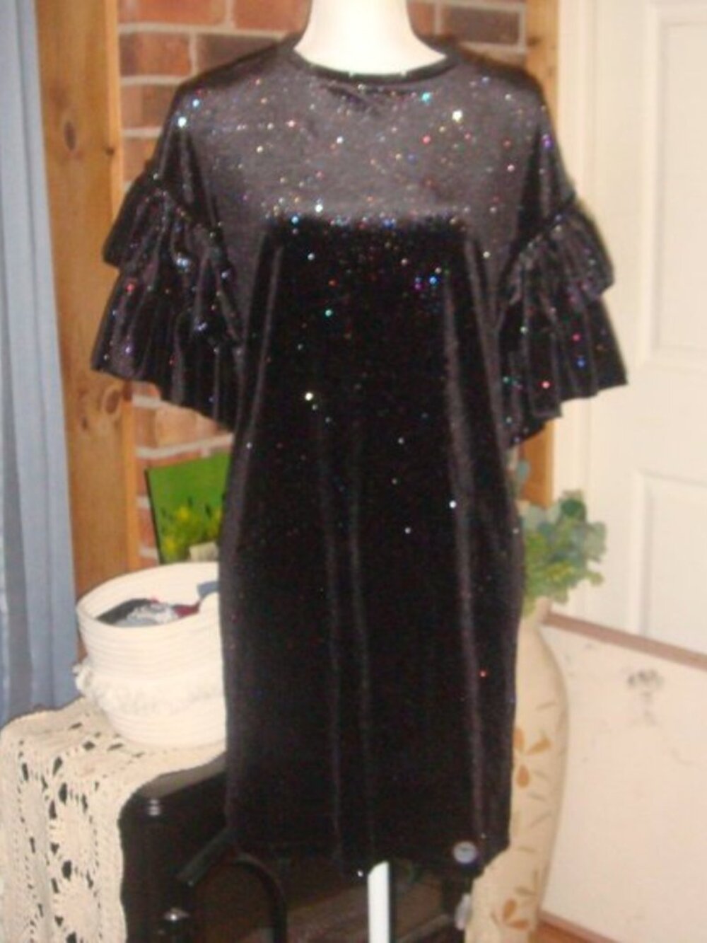 H&M Velour Black SPARKLE Ruffle Sleeve Party Dress XS - Picture 2 of 8